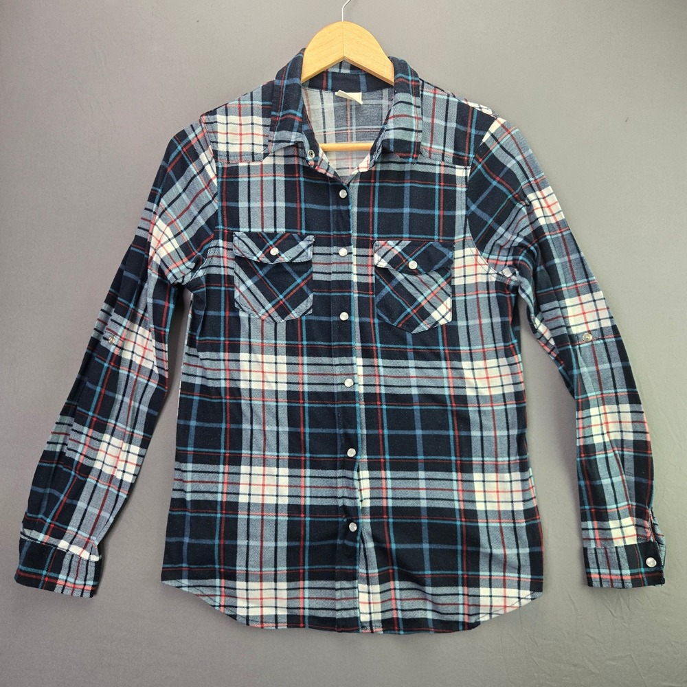 Passport Button Up Plaid Shirt Medium Blue Red White Long Sleeve Flannel Vintage